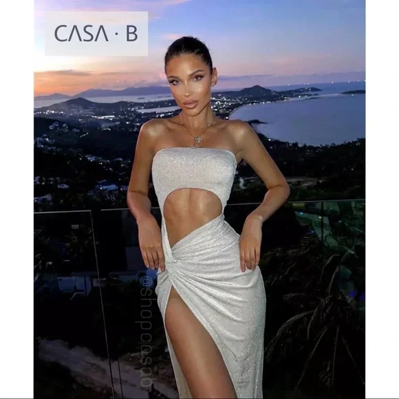 CASA B| Cocktails In Capri High Slit Champagne Shimmer Dress - Picture 2 of 6